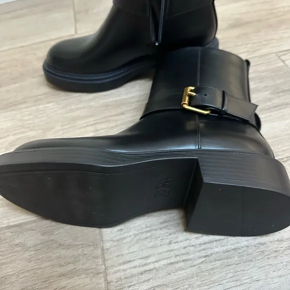 NWT Zara Black Leather Ankle Boots with Gold Buckle