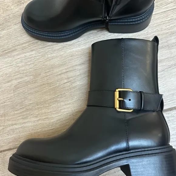NWT Zara Black Leather Ankle Boots with Gold Buckle