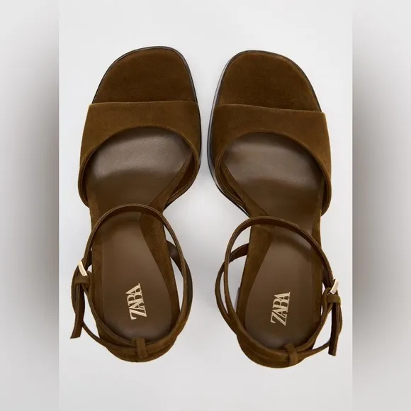 NWT. Zara Brown Suede Chunky Heeled Platform Sandals. Size 10..