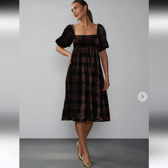 NY&amp;C Plaid Velvet Puff Sleeve Dress Sz L