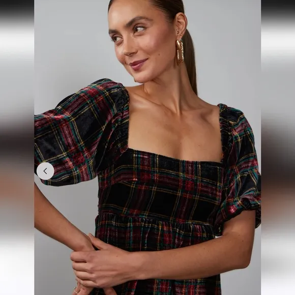 NY&amp;C Plaid Velvet Puff Sleeve Dress Sz L