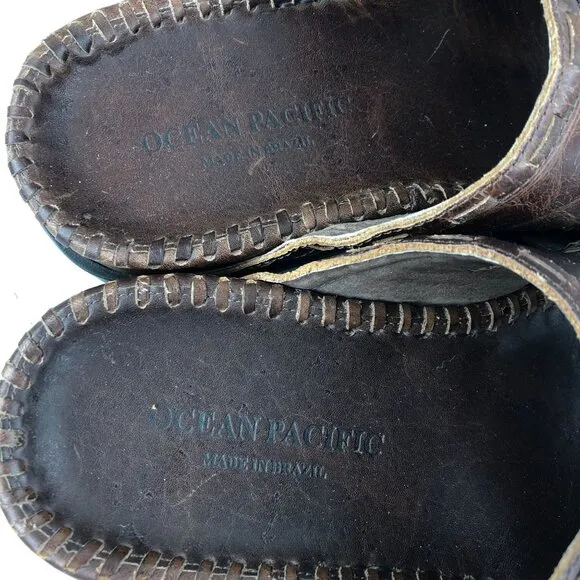 Ocean Pacific Men's Size 9 Karma Brown Leather Open Toe Slip On Sandals BRAZIL