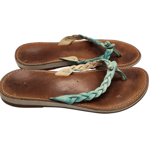 Olukai Kahiko Braided Leather Thong Sandals 8 Flip Flop Turquoise Boho