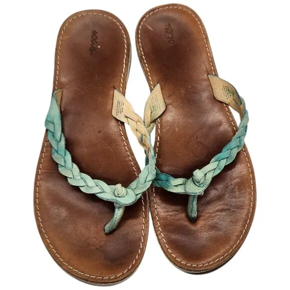 Olukai Kahiko Braided Leather Thong Sandals 8 Flip Flop Turquoise Boho