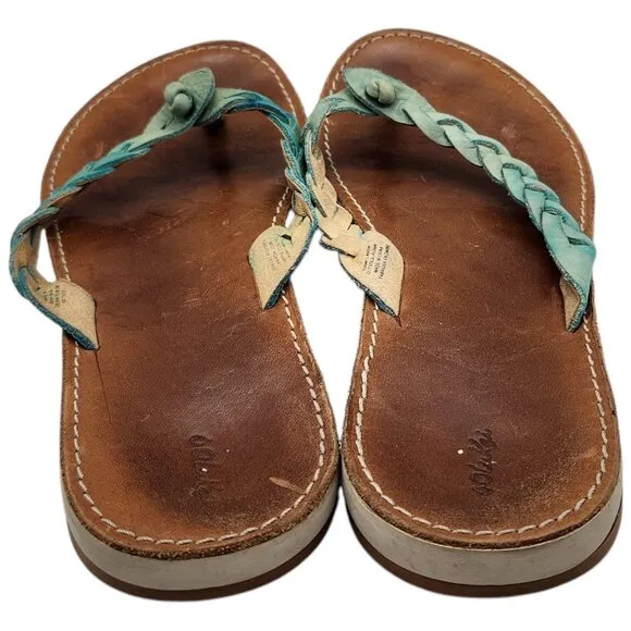 Olukai Kahiko Braided Leather Thong Sandals 8 Flip Flop Turquoise Boho