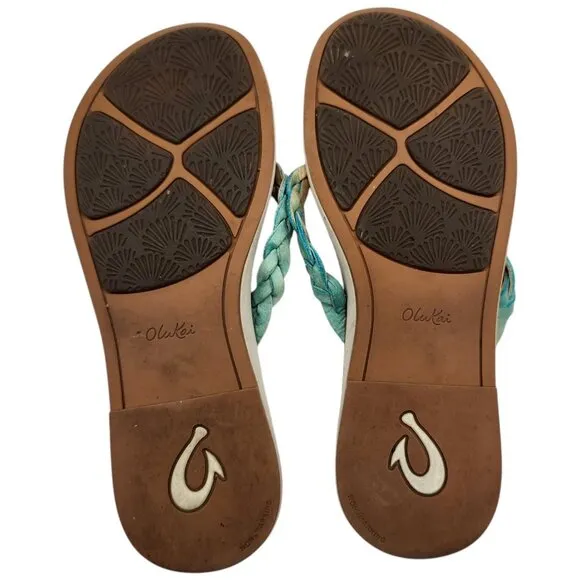 Olukai Kahiko Braided Leather Thong Sandals 8 Flip Flop Turquoise Boho