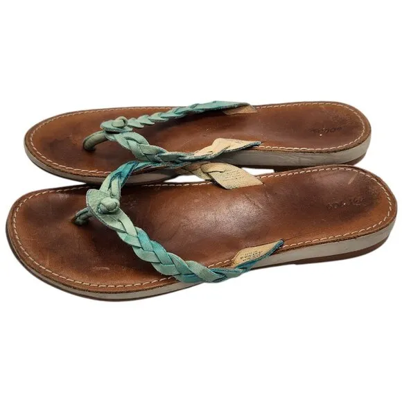 Olukai Kahiko Braided Leather Thong Sandals 8 Flip Flop Turquoise Boho