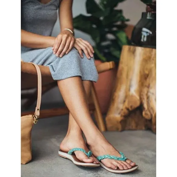 Olukai Kahiko Braided Leather Thong Sandals 8 Flip Flop Turquoise Boho