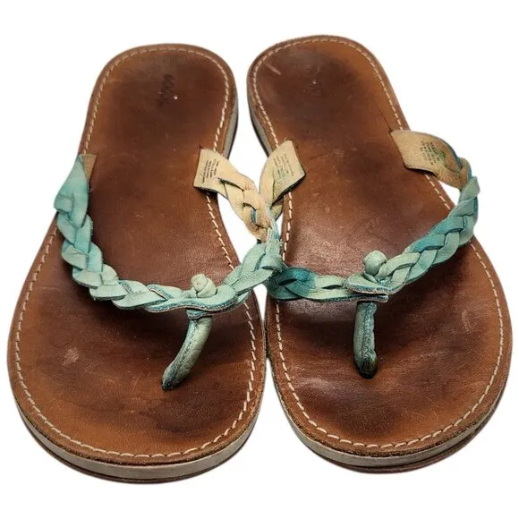 Olukai Kahiko Braided Leather Thong Sandals 8 Flip Flop Turquoise Boho