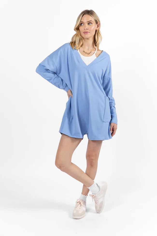 On A Daily Basis Indigo Deep V-Neck Pocketed Long Sleeve Romper FINAL SALE