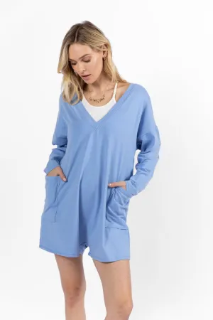 On A Daily Basis Indigo Deep V-Neck Pocketed Long Sleeve Romper FINAL SALE