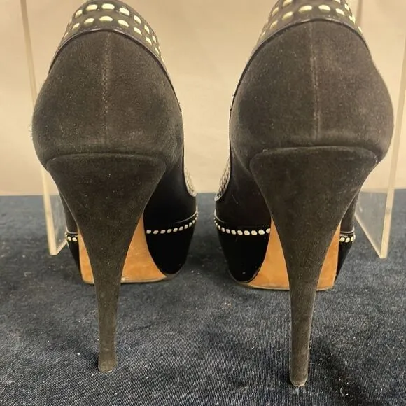 Oscar De Le Renta Black Suede White Stitch Platform Shoes