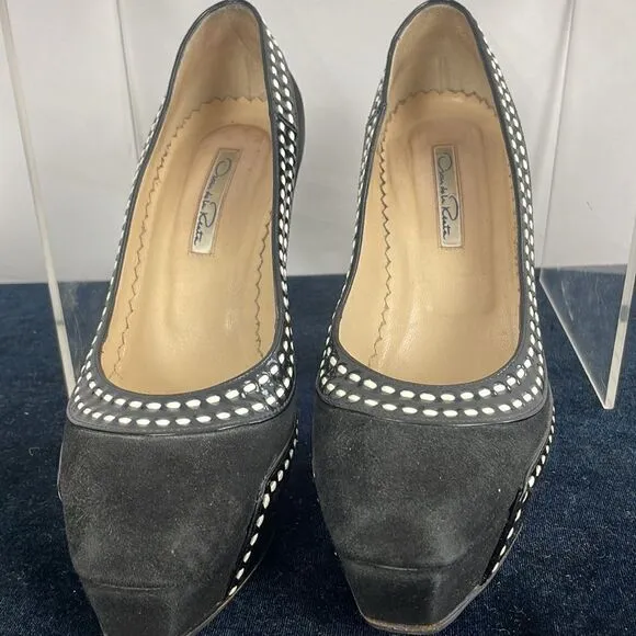 Oscar De Le Renta Black Suede White Stitch Platform Shoes