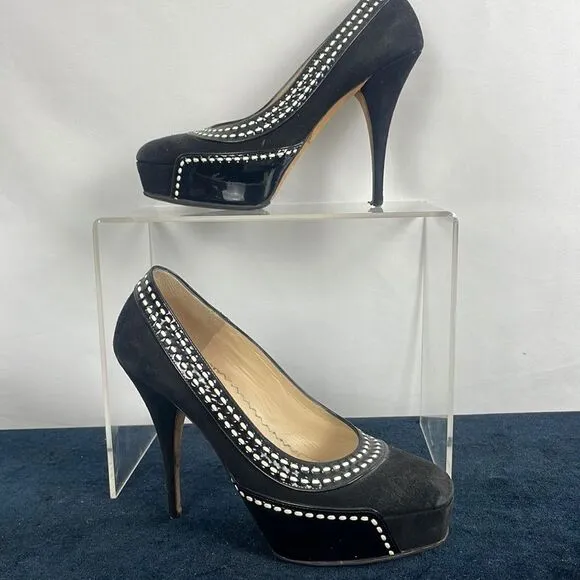 Oscar De Le Renta Black Suede White Stitch Platform Shoes
