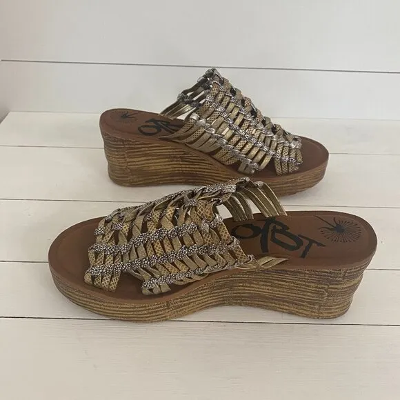 OTBT Starlike Mixed Metallic Woven Leather Platform Wedge Sandals, Women Size 9