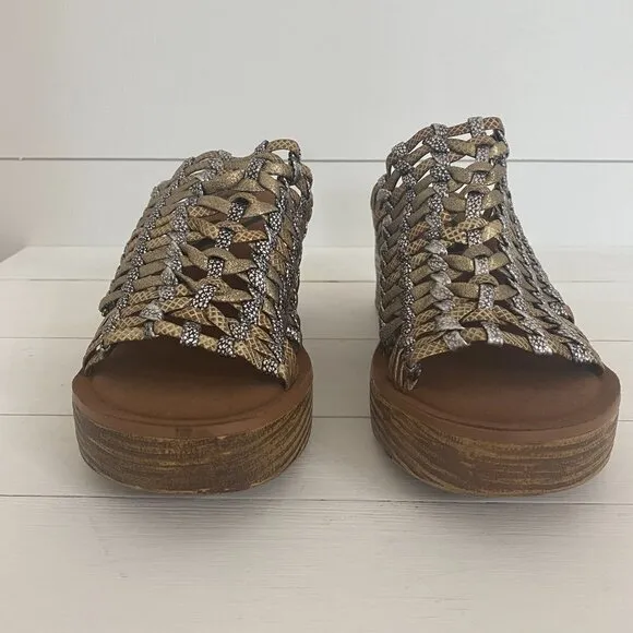 OTBT Starlike Mixed Metallic Woven Leather Platform Wedge Sandals, Women Size 9