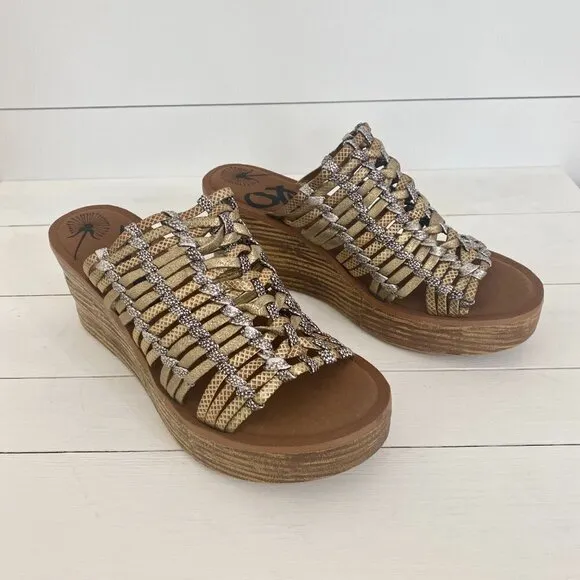 OTBT Starlike Mixed Metallic Woven Leather Platform Wedge Sandals, Women Size 9