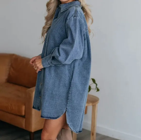 Oversized Denim Boyfriend Pocket Jean Collar Shirt Dress Long Sleeve High-low Mi