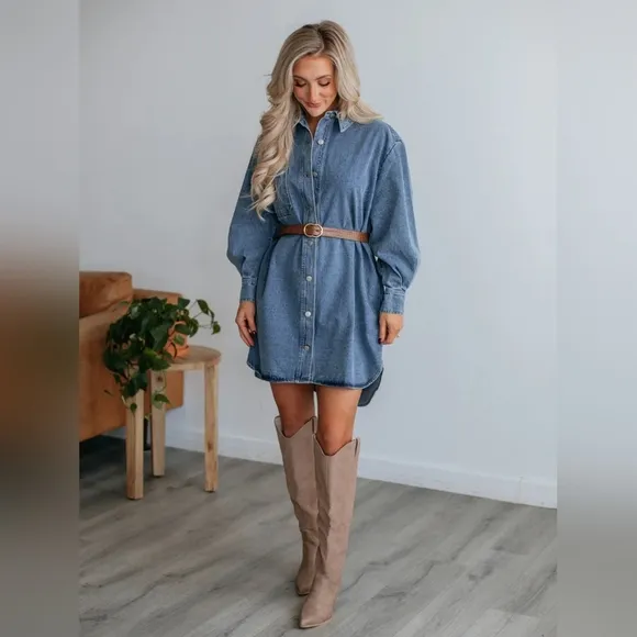 Oversized Denim Boyfriend Pocket Jean Collar Shirt Dress Long Sleeve High-low Mi