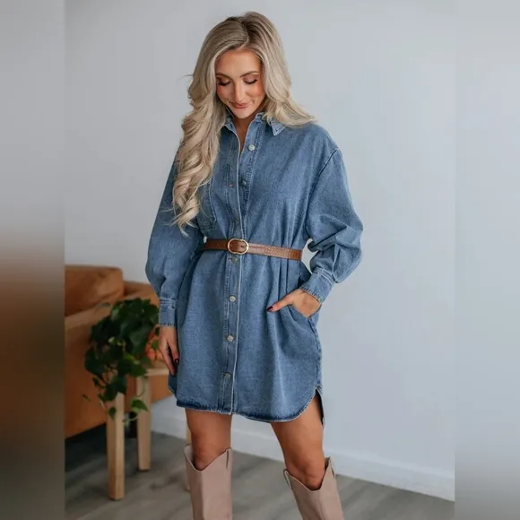 Oversized Denim Boyfriend Pocket Jean Collar Shirt Dress Long Sleeve High-low Mi