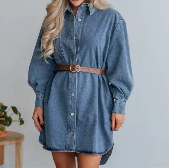 Oversized Denim Boyfriend Pocket Jean Collar Shirt Dress Long Sleeve High-low Mi