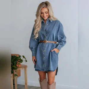 Oversized Denim Boyfriend Pocket Jean Collar Shirt Dress Long Sleeve High-low Mi