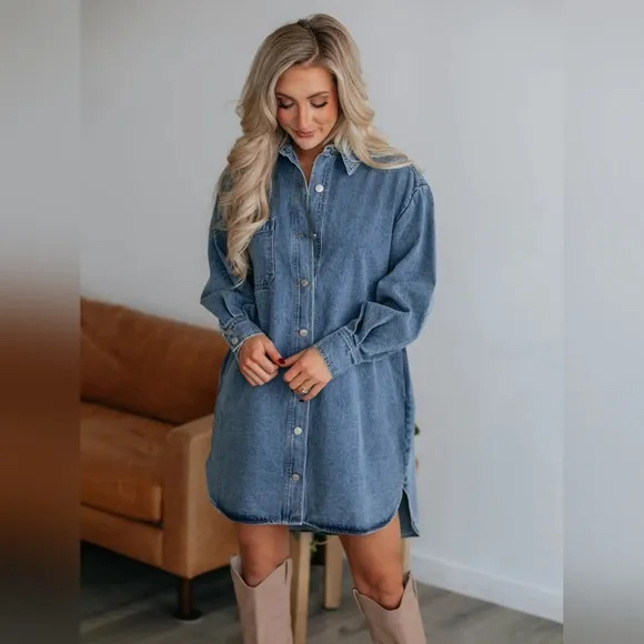 Oversized Denim Boyfriend Pocket Jean Collar Shirt Dress Long Sleeve High-low Mi