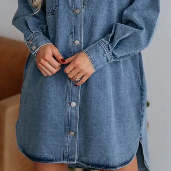 Oversized Denim Boyfriend Pocket Jean Collar Shirt Dress Long Sleeve High-low Mi