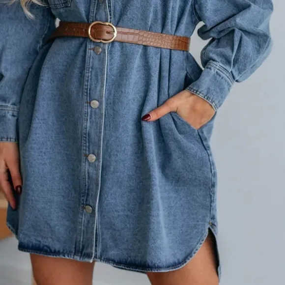 Oversized Denim Boyfriend Pocket Jean Collar Shirt Dress Long Sleeve High-low Mi