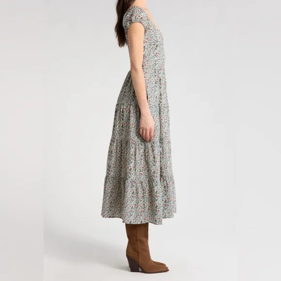 PAIGE Botanical Print Maxi Tiered Boho Green Rust Sleeveless Sundress Size 00