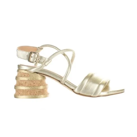 Paloma Barceló Celia Strappy Leather Gold Sandals Heeled Tan Chunky Block 6 36