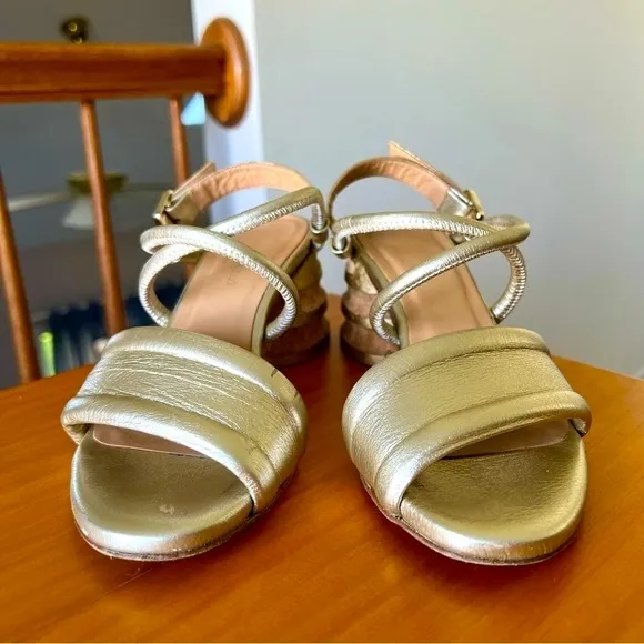 Paloma Barceló Celia Strappy Leather Gold Sandals Heeled Tan Chunky Block 6 36
