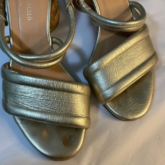 Paloma Barceló Celia Strappy Leather Gold Sandals Heeled Tan Chunky Block 6 36