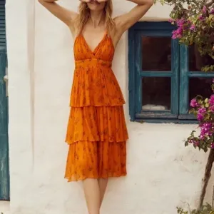 Pamela Floral V Neck Tiered Hipster Hippie Art Deco Farm Hip Boho Peasant Dress