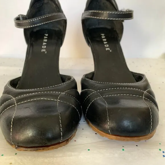 Parade VTG Y2K Black Leather Mary Jane d'Orsay Heels White Contrast Stitching 9