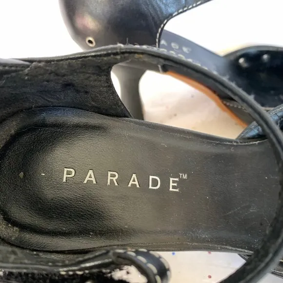 Parade VTG Y2K Black Leather Mary Jane d'Orsay Heels White Contrast Stitching 9
