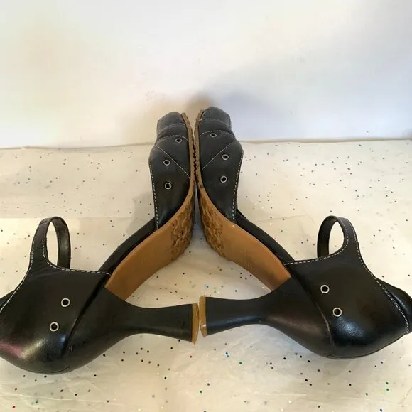 Parade VTG Y2K Black Leather Mary Jane d'Orsay Heels White Contrast Stitching 9
