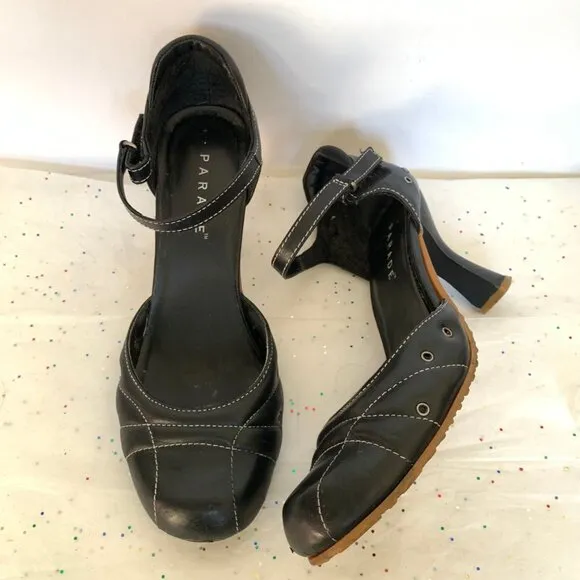 Parade VTG Y2K Black Leather Mary Jane d'Orsay Heels White Contrast Stitching 9