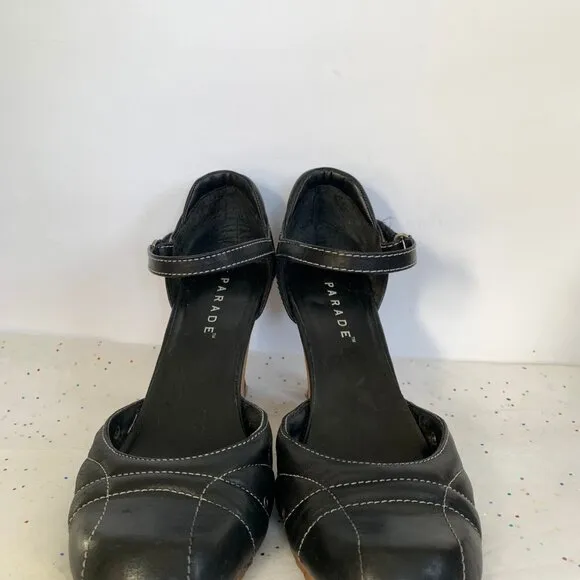 Parade VTG Y2K Black Leather Mary Jane d'Orsay Heels White Contrast Stitching 9