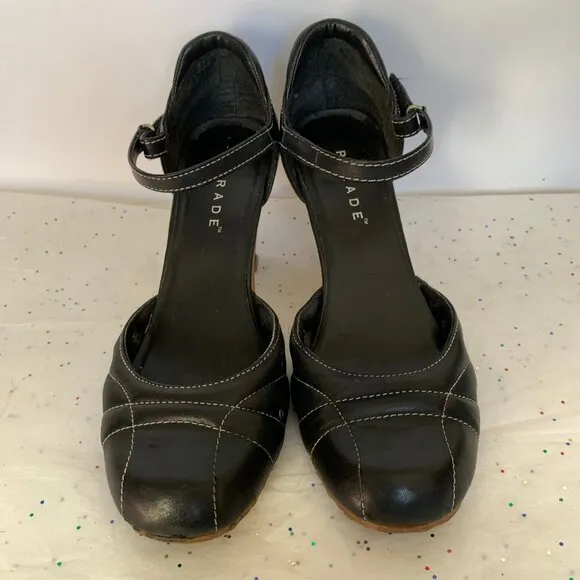 Parade VTG Y2K Black Leather Mary Jane d'Orsay Heels White Contrast Stitching 9