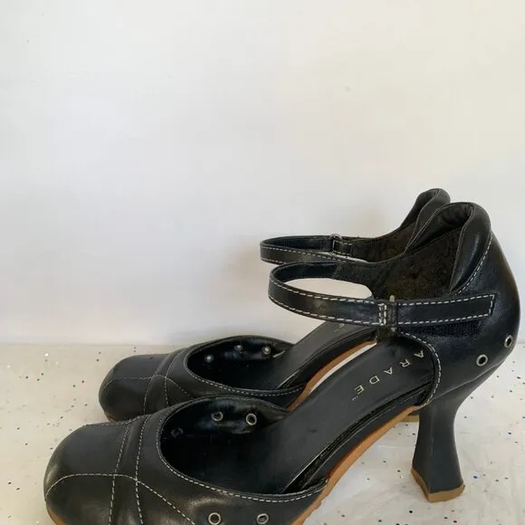 Parade VTG Y2K Black Leather Mary Jane d'Orsay Heels White Contrast Stitching 9