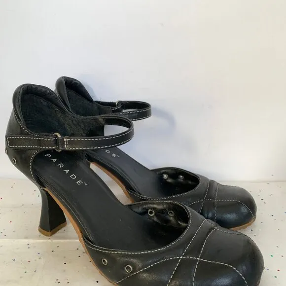 Parade VTG Y2K Black Leather Mary Jane d'Orsay Heels White Contrast Stitching 9