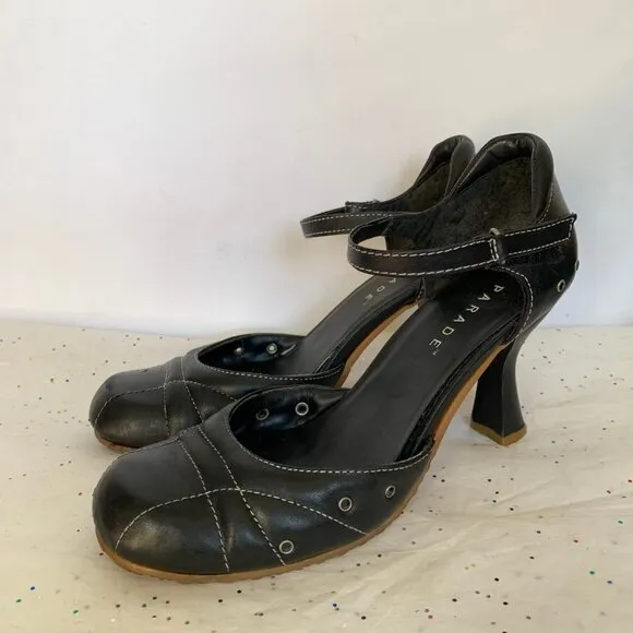 Parade VTG Y2K Black Leather Mary Jane d'Orsay Heels White Contrast Stitching 9