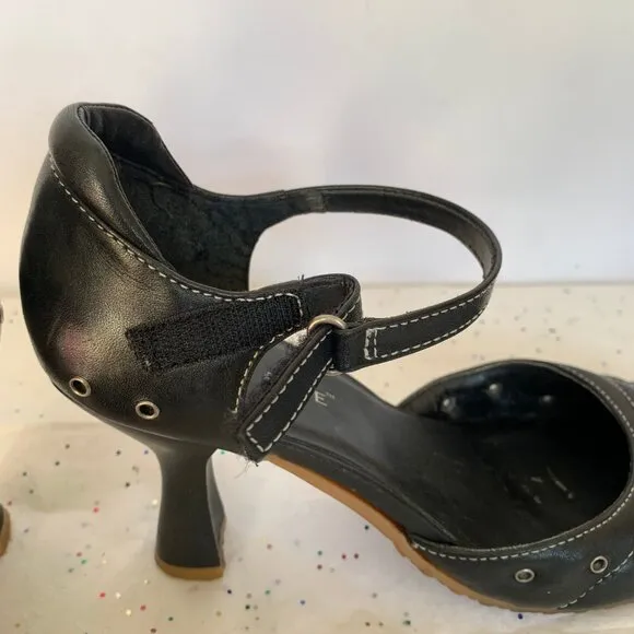 Parade VTG Y2K Black Leather Mary Jane d'Orsay Heels White Contrast Stitching 9