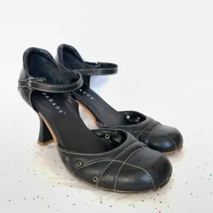Parade VTG Y2K Black Leather Mary Jane d'Orsay Heels White Contrast Stitching 9