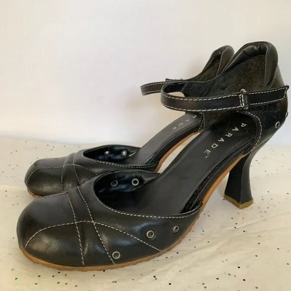 Parade VTG Y2K Black Leather Mary Jane d'Orsay Heels White Contrast Stitching 9