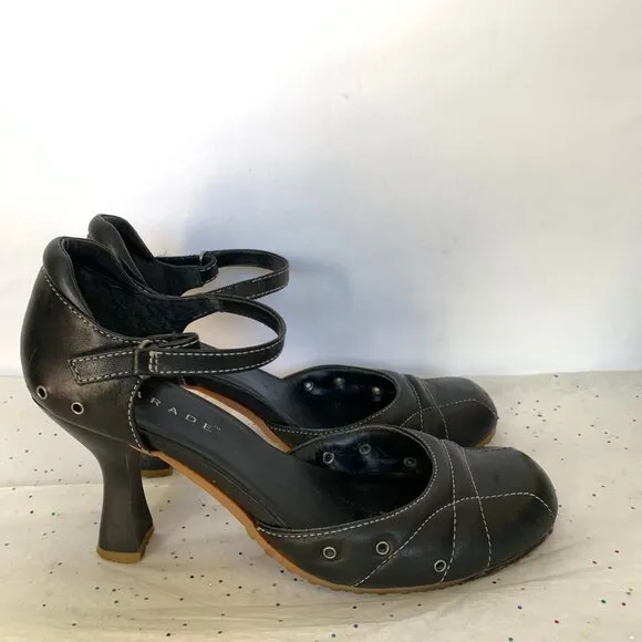 Parade VTG Y2K Black Leather Mary Jane d'Orsay Heels White Contrast Stitching 9