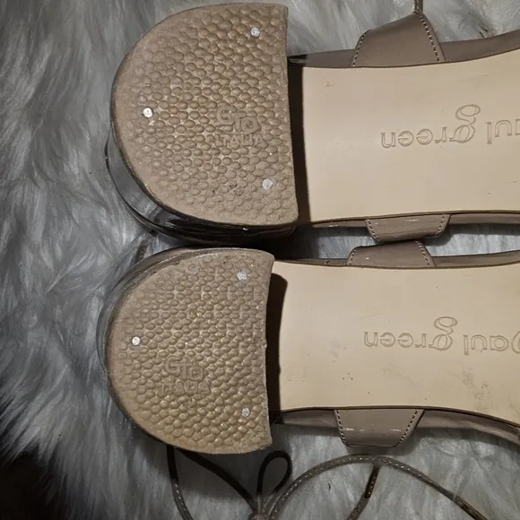 PAUL Green Nude Block Heel Patent Sandals with tie sz UK 5.5 ,US 8