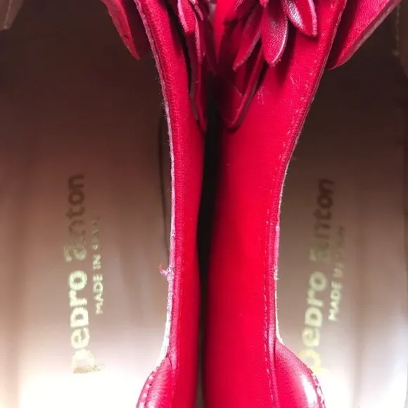 Pedro Anton red leather wedge shoes with flowers, made in Spain, 38