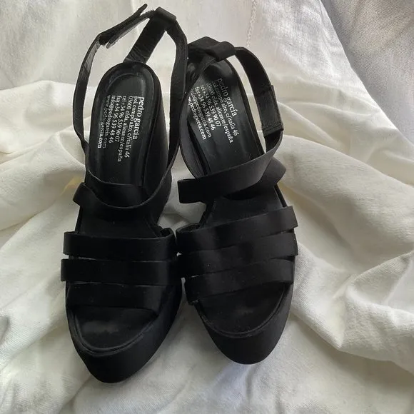 PEDRO GARCIA black satin platform strappy sandals